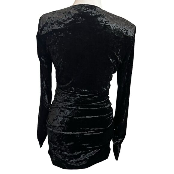 ZARA Velvet Mini Dress Women’s Size XS Black V-Neck Ruched Sheath Shoulder Pads - Picture 7 of 13